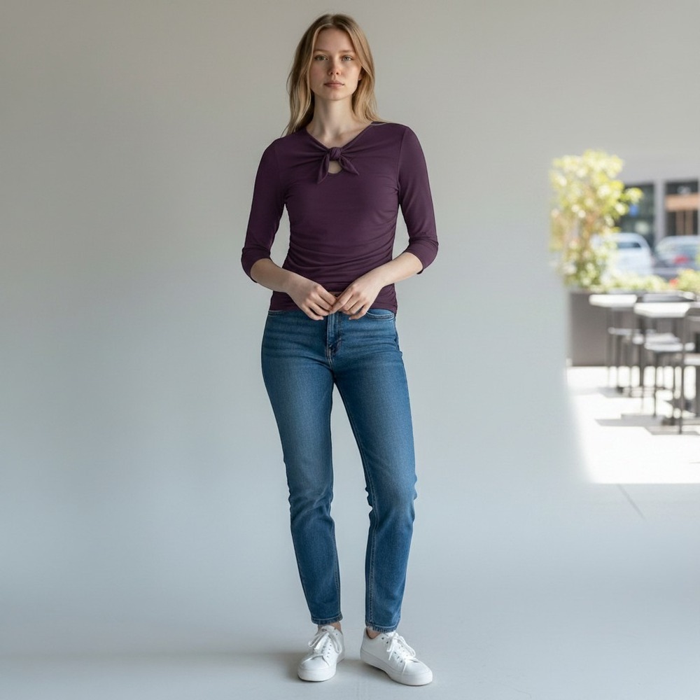 41 HAWTHORN Ruched Twist Cutout Long Sleeve Top With Tummy Panel Purple Small